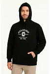 Erkek Kapüşonlu Kanguru Cepli Sweatshirt 3 İplik Pamuklu Baskılı Hoodie - Siyah