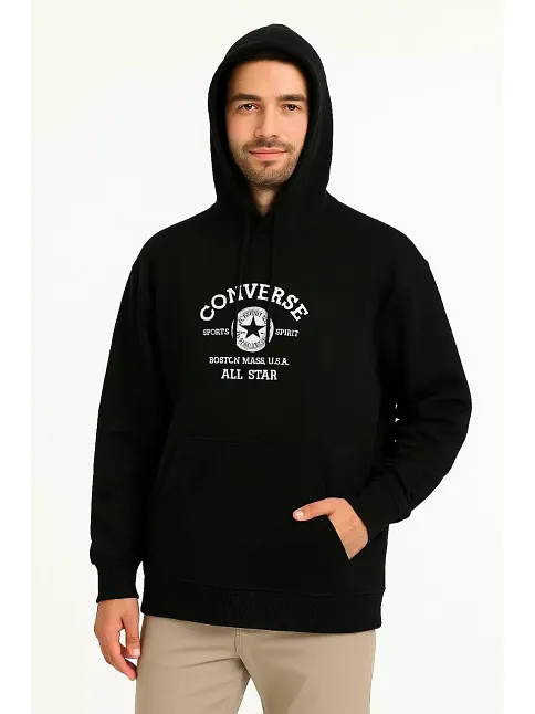 Erkek Kapüşonlu Kanguru Cepli Sweatshirt 3 İplik Pamuklu Baskılı Hoodie - Siyah