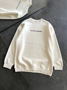Kadın 3 İplik Pamuklu Bisiklet Yaka Baskılı Sweatshirt - Beyaz