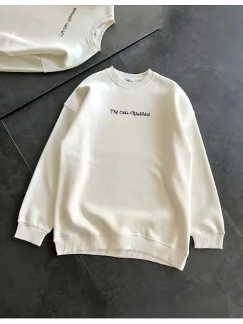 Kadın 3 İplik Pamuklu Bisiklet Yaka Baskılı Sweatshirt - Beyaz