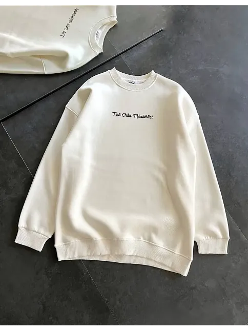 Kadın 3 İplik Pamuklu Bisiklet Yaka Baskılı Sweatshirt - Beyaz