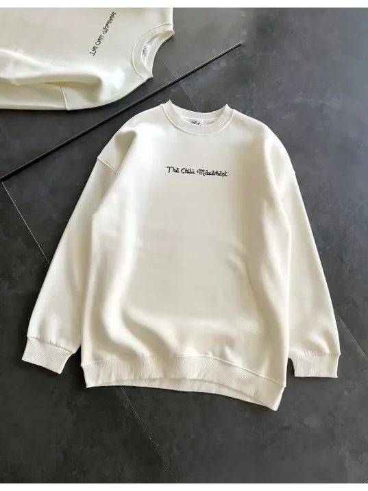 Kadın 3 İplik Pamuklu Bisiklet Yaka Baskılı Sweatshirt - Beyaz Kadın 3 İplik Pamuklu Bisiklet Yaka Baskılı Sweatshirt - Beyaz