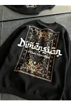 Kadın 3 İplik Pamuklu Bisiklet Yaka Baskılı Sweatshirt - Siyah
