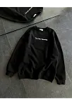 Kadın 3 İplik Pamuklu Bisiklet Yaka Baskılı Sweatshirt - Siyah