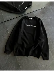 Kadın 3 İplik Pamuklu Bisiklet Yaka Baskılı Sweatshirt - Siyah