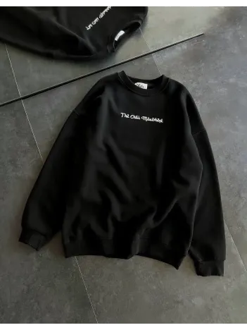 Kadın 3 İplik Pamuklu Bisiklet Yaka Baskılı Sweatshirt - Siyah