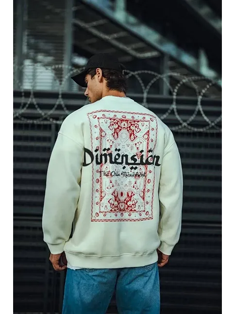 Erkek 3 İplik Pamuklu Bisiklet Yaka Baskılı Sweatshirt - Beyaz