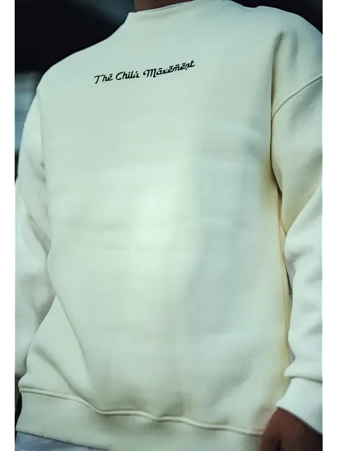 Erkek 3 İplik Pamuklu Bisiklet Yaka Baskılı Sweatshirt - Beyaz