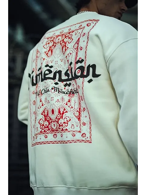Erkek 3 İplik Pamuklu Bisiklet Yaka Baskılı Sweatshirt - Beyaz