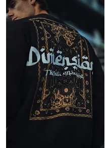 Erkek 3 İplik Pamuklu Bisiklet Yaka Baskılı Sweatshirt - Siyah