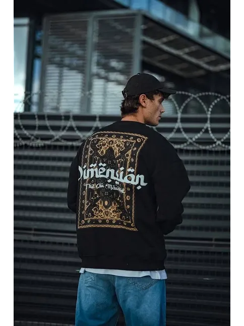 Erkek 3 İplik Pamuklu Bisiklet Yaka Baskılı Sweatshirt - Siyah