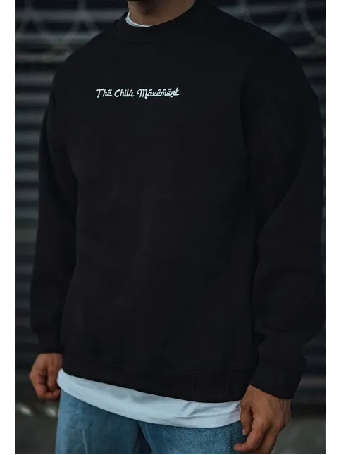 Erkek 3 İplik Pamuklu Bisiklet Yaka Baskılı Sweatshirt - Siyah