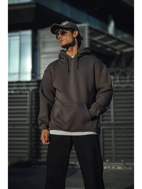 Erkek 3 İplik Pamuklu Kapüşonlu Basic Sweatshirt Hoodie - Füme