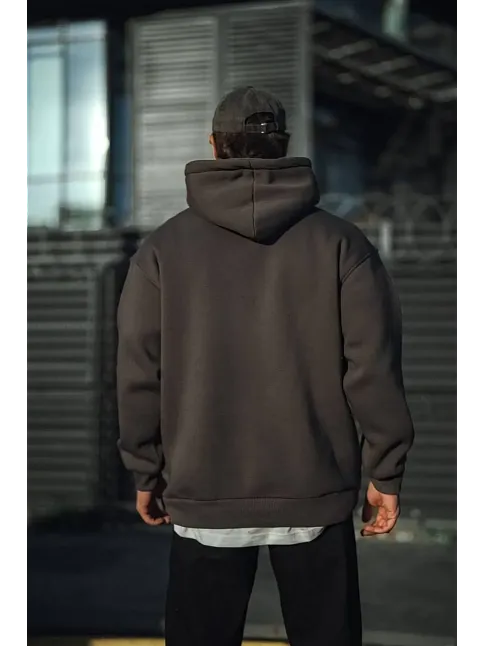 Erkek 3 İplik Pamuklu Kapüşonlu Basic Sweatshirt Hoodie - Füme