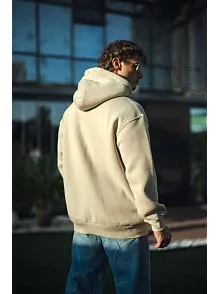 Kadın 3 İplik Pamuklu Kapüşonlu Kanguru Cepli Oversize Hoodie Sweatshirt - Bej
