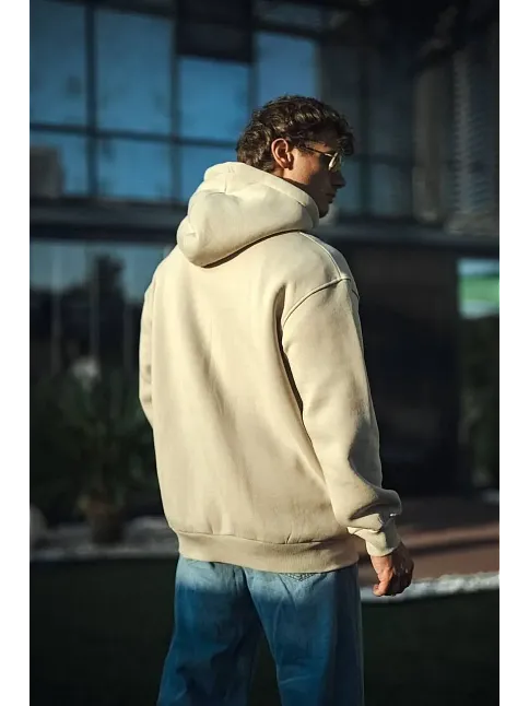 Kadın 3 İplik Pamuklu Kapüşonlu Kanguru Cepli Oversize Hoodie Sweatshirt - Bej