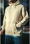 Kadın 3 İplik Pamuklu Kapüşonlu Kanguru Cepli Oversize Hoodie Sweatshirt - Bej
