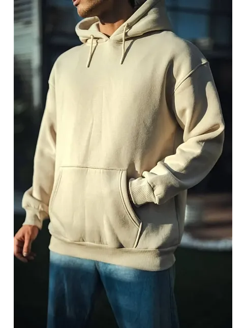 Kadın 3 İplik Pamuklu Kapüşonlu Kanguru Cepli Oversize Hoodie Sweatshirt - Bej