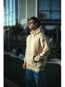 Kadın 3 İplik Pamuklu Kapüşonlu Kanguru Cepli Oversize Hoodie Sweatshirt - Bej