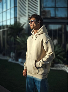 Erkek 3 İplik Pamuklu Kapüşonlu Basic Sweatshirt Hoodie - Bej