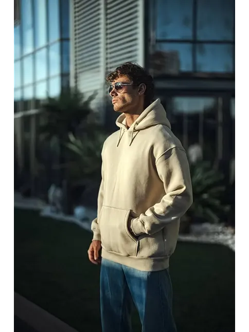 Kadın 3 İplik Pamuklu Kapüşonlu Kanguru Cepli Oversize Hoodie Sweatshirt - Bej