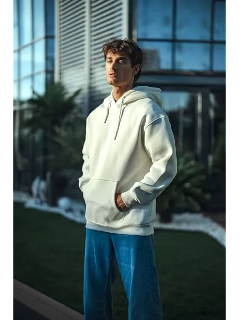Erkek 3 İplik Pamuklu Kapüşonlu Basic Sweatshirt Hoodie - Beyaz