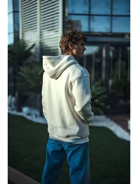 Erkek 3 İplik Pamuklu Kapüşonlu Basic Sweatshirt Hoodie - Beyaz