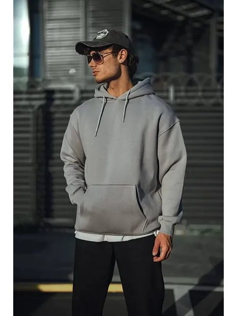 Erkek 3 İplik Penye Kapüşonlu Basic Sweatshirt Hoodie - Boyalı Gri