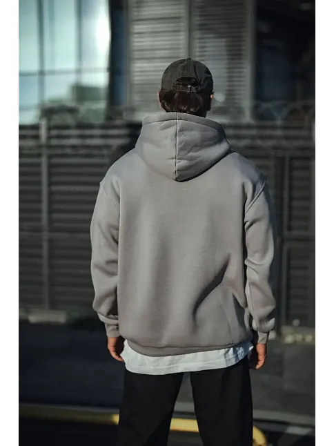 Erkek 3 İplik Penye Kapüşonlu Basic Sweatshirt Hoodie - Boyalı Gri