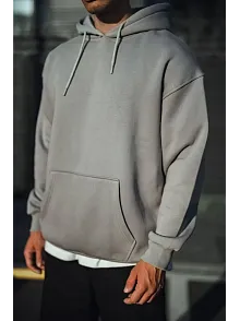 Erkek 3 İplik Penye Kapüşonlu Basic Sweatshirt Hoodie - Boyalı Gri