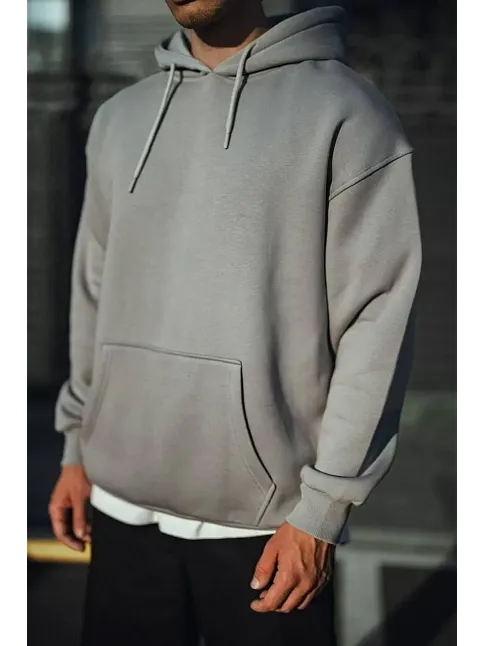 Erkek 3 İplik Penye Kapüşonlu Basic Sweatshirt Hoodie - Boyalı Gri