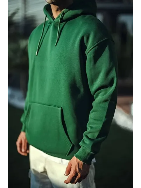 Erkek 3 İplik Pamuklu Kapüşonlu Basic Sweatshirt Hoodie - Haki