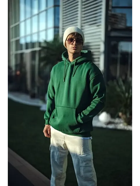 Erkek 3 İplik Pamuklu Kapüşonlu Basic Sweatshirt Hoodie - Haki