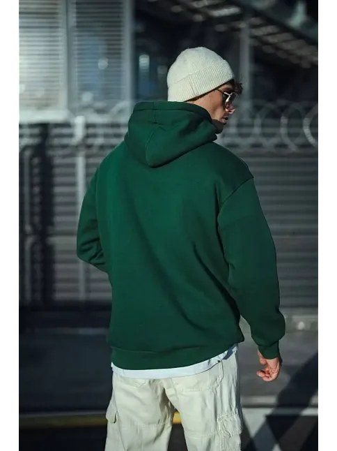 Erkek 3 İplik Pamuklu Kapüşonlu Basic Sweatshirt Hoodie - Haki
