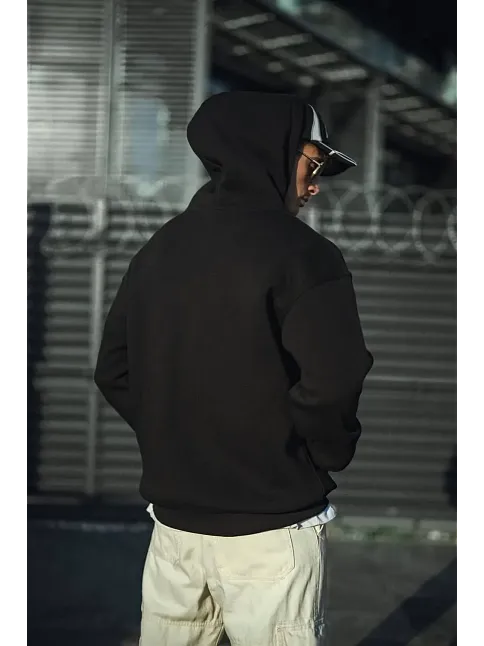 Erkek 3 İplik Pamuklu Kapüşonlu Basic Sweatshirt Hoodie - Siyah