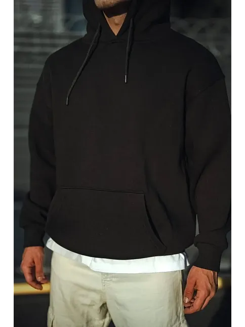 Erkek 3 İplik Pamuklu Kapüşonlu Basic Sweatshirt Hoodie - Siyah