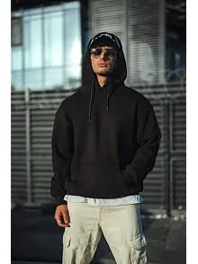 Erkek 3 İplik Pamuklu Kapüşonlu Basic Sweatshirt Hoodie - Siyah