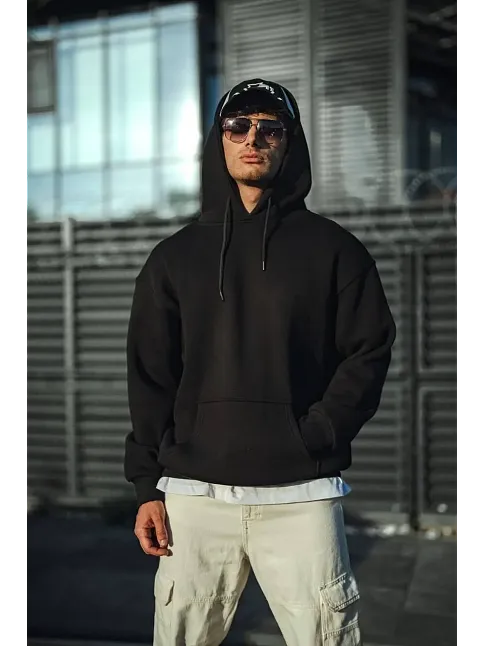 Erkek 3 İplik Pamuklu Kapüşonlu Basic Sweatshirt Hoodie - Siyah