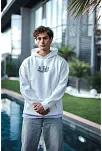 Erkek Kapüşonlu Kanguru Cepli Sweatshirt 3 İplik Pamuklu Baskılı Hoodie - Beyaz