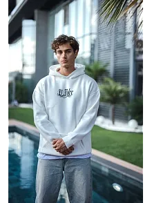 Erkek Kapüşonlu Kanguru Cepli Sweatshirt 3 İplik Pamuklu Baskılı Hoodie - Beyaz