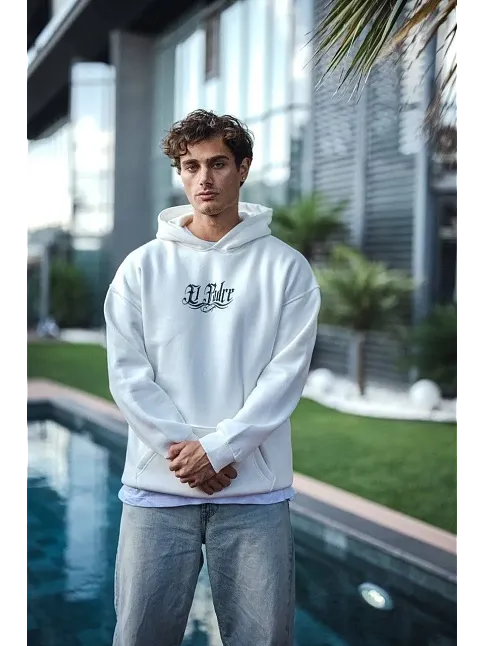 Erkek Kapüşonlu Kanguru Cepli Sweatshirt 3 İplik Pamuklu Baskılı Hoodie - Beyaz