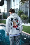 Erkek Kapüşonlu Kanguru Cepli Sweatshirt 3 İplik Pamuklu Baskılı Hoodie - Beyaz