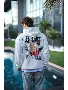 Erkek Kapüşonlu Kanguru Cepli Sweatshirt 3 İplik Pamuklu Baskılı Hoodie - Beyaz