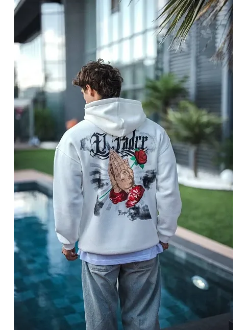 Erkek Kapüşonlu Kanguru Cepli Sweatshirt 3 İplik Pamuklu Baskılı Hoodie - Beyaz