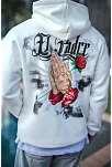 Erkek Kapüşonlu Kanguru Cepli Sweatshirt 3 İplik Pamuklu Baskılı Hoodie - Beyaz