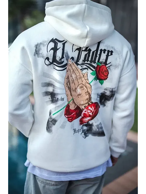 Erkek Kapüşonlu Kanguru Cepli Sweatshirt 3 İplik Pamuklu Baskılı Hoodie - Beyaz