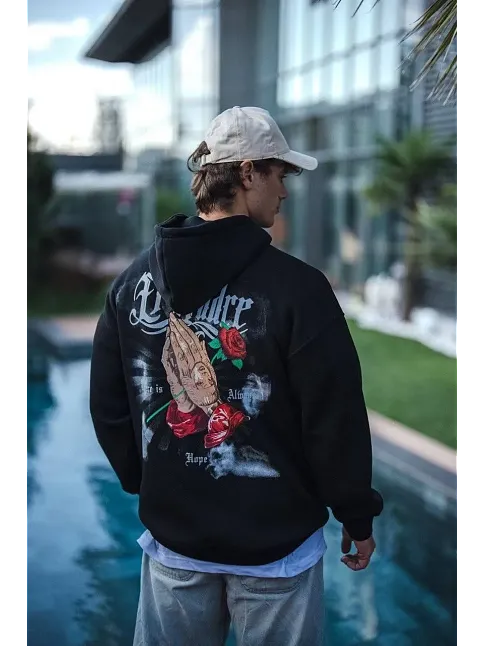 Erkek 3 İplik Pamuklu Kapüşonlu Baskılı Cepli Oversize Sweatshirt Hoodie - Siyah