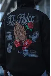 Erkek 3 İplik Pamuklu Kapüşonlu Baskılı Cepli Oversize Sweatshirt Hoodie - Siyah
