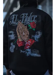 Erkek 3 İplik Pamuklu Kapüşonlu Baskılı Cepli Oversize Sweatshirt Hoodie - Siyah