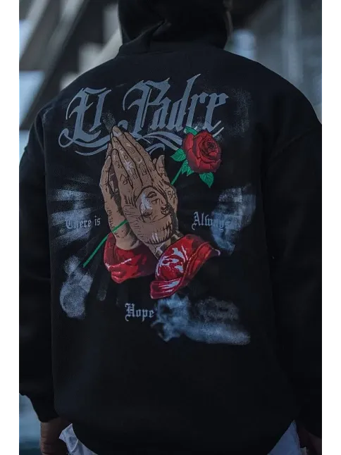 Erkek 3 İplik Pamuklu Kapüşonlu Baskılı Cepli Oversize Sweatshirt Hoodie - Siyah